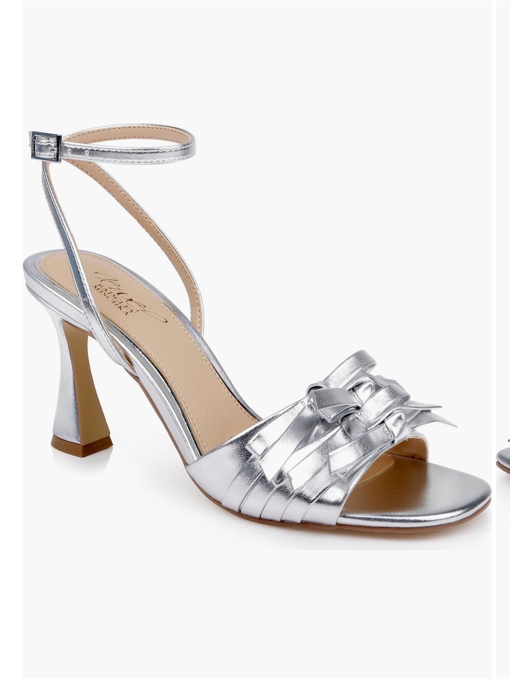 Silver Metallic Ankle-Strap Heeled Sandals with Bow Detail